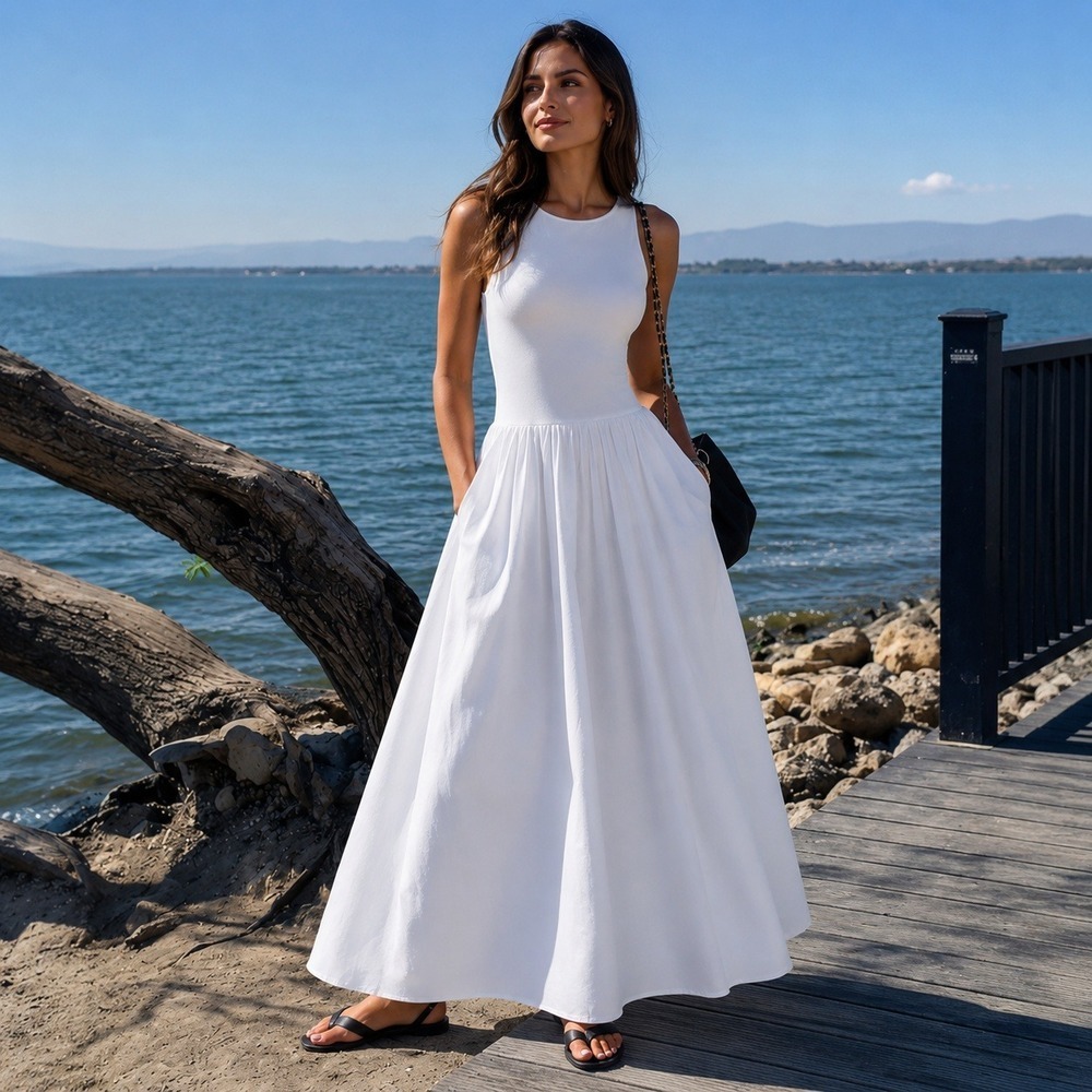 Commense White Sleeveless Midi Dress A-Line Summer Dress Pockets Size M - Picture 12 of 12